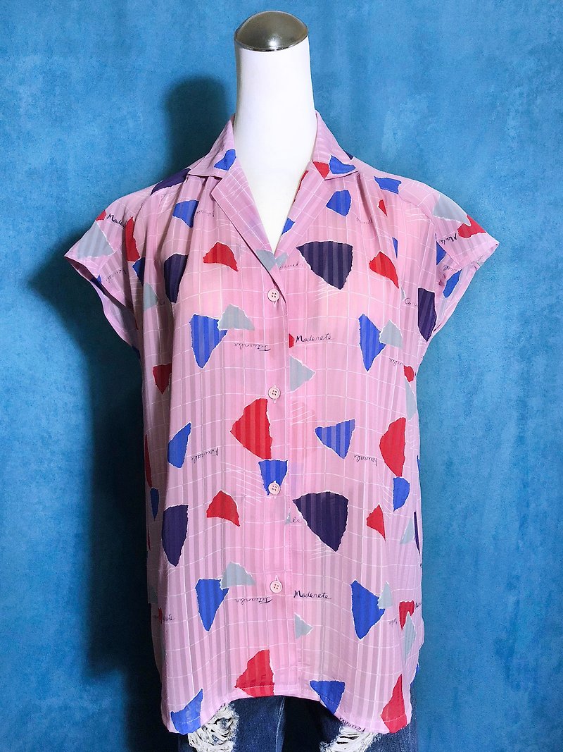 Hand-written color Plaid short-sleeved vintage shirt / Foreign back to VINTAGE - Women's Shirts - Polyester Pink
