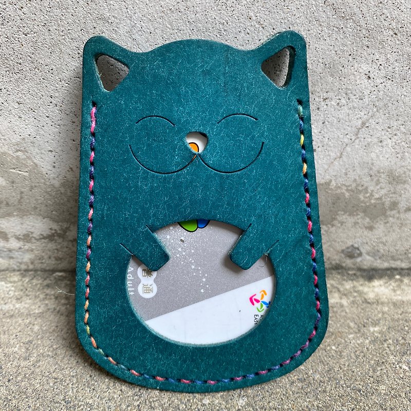 Italian Pueblo Matte Vegetable Tanned Leather Cat Card Holder - Peacock Blue Cat - ID & Badge Holders - Genuine Leather Blue