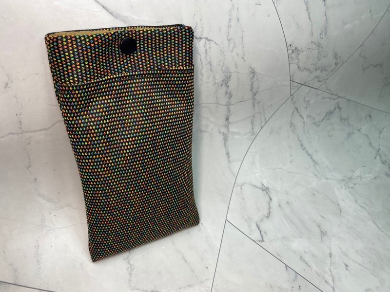 Handmade textured mobile phone cloth cover - black and gray background with colorful weaving pattern - Clutch Bags - Cotton & Hemp Black