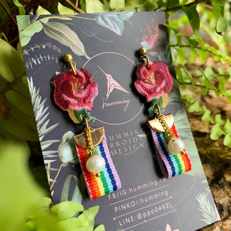 耳環 牡丹 彩虹設計 銀河 刺繡 手工 耳夾 珍珠 禮盒 禮物 - 耳環/耳夾/耳骨夾 - 繡線 多色