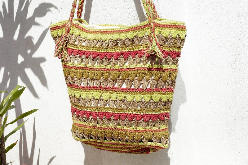 Valentine's Day limited one hand-woven cotton crocheted side backpack / shoulder bag / hand-knitted bag / cross-body bag / woven bag / crochet bag / cotton and linen bag / shopping bag-summer sun pure cotton and Linen striped woven bag - Messenger Bags & Sling Bags - Cotton & Hemp Multicolor