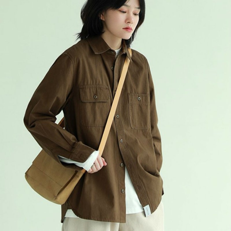 ブラウン5色のプロファイルダブルカバーダブルポケット長袖シャツ男性と女性のための日本のカジュアルなユニセックスシャツM-2XL - シャツ・ブラウス - コットン・麻 ブラウン