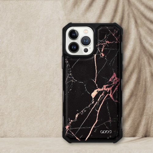 apbs 雅品仕 水晶彩鑽手機殼 iPhone 13全系列軍規防摔皮革磁吸手機殼-大理石黑金(黑殼)