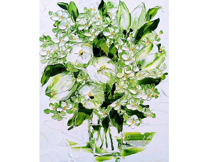 Tulip Painting Floral Original Art Flower Hydrangea in Vase 10 x 8 - Wall Décor - Other Materials White