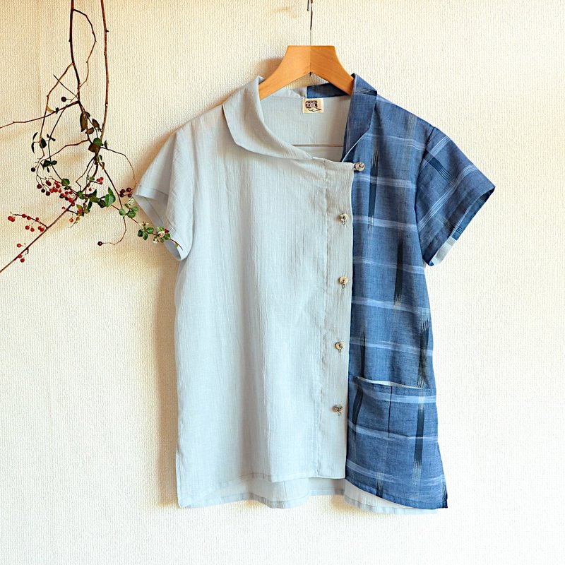 Light blue asymmetrical shirt (light blue/cotton/short sleeves/unisex S) - เสื้อเชิ้ตผู้หญิง - ผ้าฝ้าย/ผ้าลินิน สีน้ำเงิน