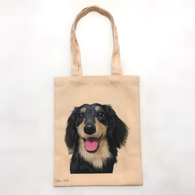 Wang Meow Canvas Bag-Dachshund Laughing Black Four-eye Dachshund | Choya - กระเป๋าถือ - เส้นใยสังเคราะห์ สีกากี