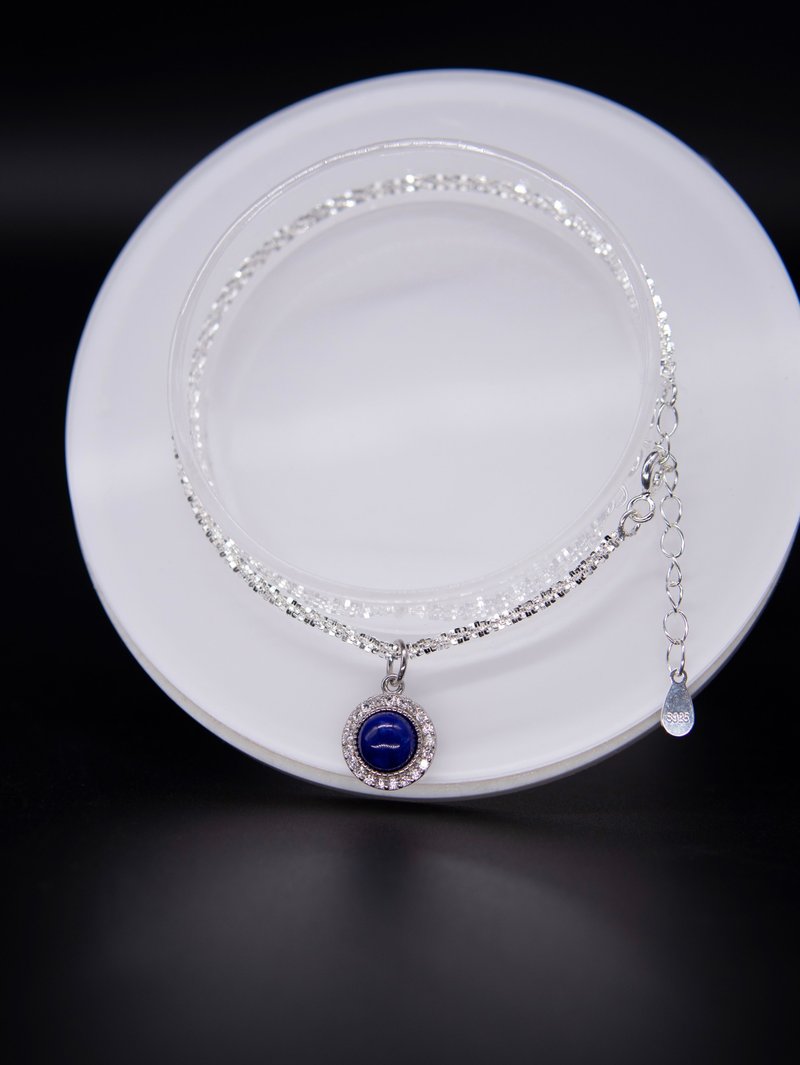 天然阿富汗老礦料青金石mini吊飾+精工極閃銀手鏈 - 手鍊/手鐲 - 銀 