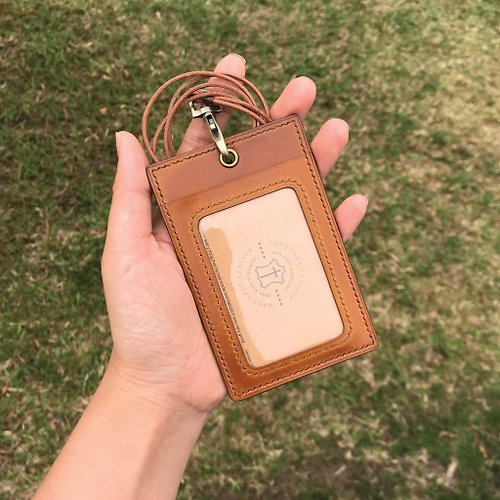 Leather ID Card Holder with Lanyard | Personalized Leather Badge Holder with Lanyard Saddle Tan / Long