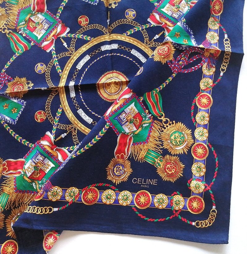 Celine Paris Vintage Handkerchief Honor of Badge Jewelry 20 x 20 inches - ผ้าพันคอ - ผ้าฝ้าย/ผ้าลินิน สีน้ำเงิน