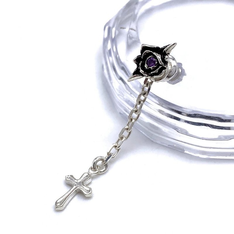rose corss chain earrings,amethyst,sterling silver,gothic jewelry,punk rock - 耳環/耳夾 - 純銀 銀色