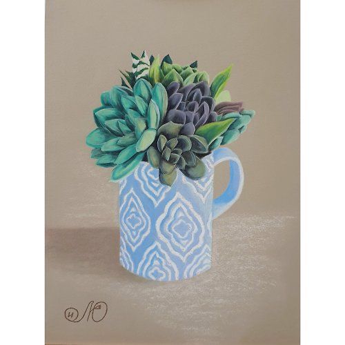 IllaUartGallery Succulent Painting Cup Original Art Cactus Wall Art Floral Soft Pastel Painting