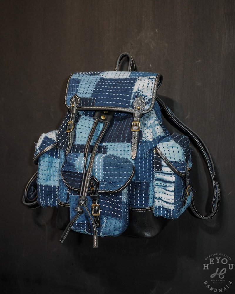 Boro Patch Indigo ragged patchwork three-pocket backpack - กระเป๋าเป้สะพายหลัง - ผ้าฝ้าย/ผ้าลินิน หลากหลายสี