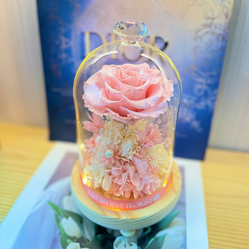 永生花大玫瑰玻璃罩夜燈(甜美粉紅) 客製化 可刻宇 - 乾燥花/永生花 - 植物．花 