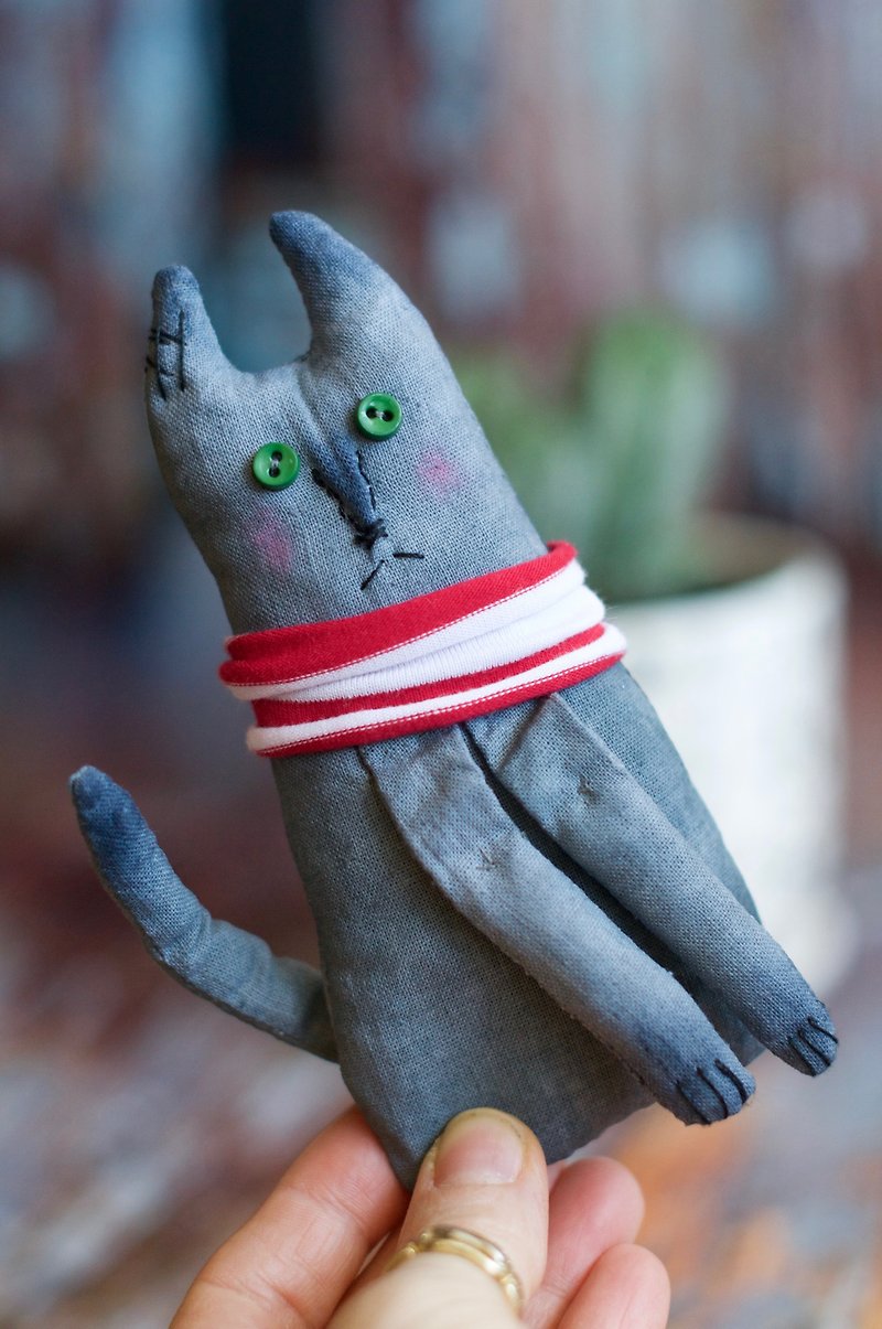 Spoony Cat - primitive textile doll - Stuffed Dolls & Figurines - Cotton & Hemp Gray