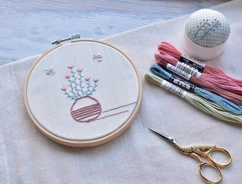 Novice Embroidery Material Pack-French Embroidery Floral and Butterfly Round Frame Hanging Picture - เย็บปัก/ถักทอ/ใยขนแกะ - งานปัก 