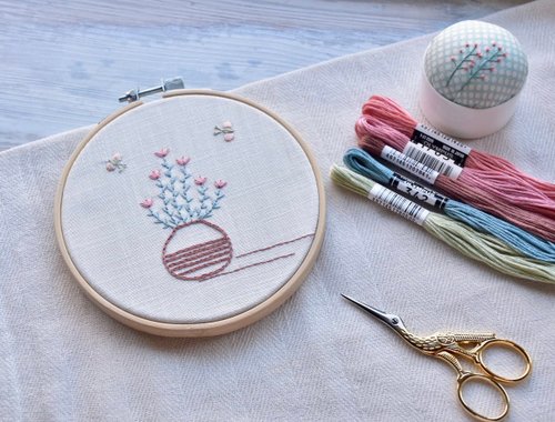 布製好時光 新手刺繡材料包 -法式刺繡 小花與蝴蝶圓框掛畫