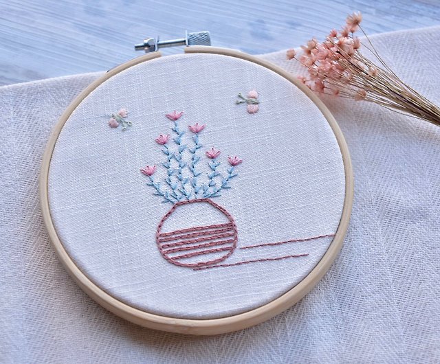 初心者刺繍素材パック-フランス刺繍花と蝶の丸枠掛け絵