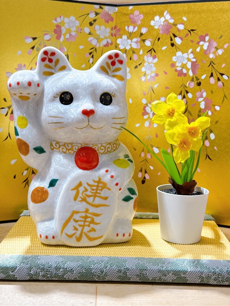 【皓晶康福】日本清水燒招財貓 | 花結晶白 - 健康 特大 右 - 擺飾/家飾品 - 瓷 白色