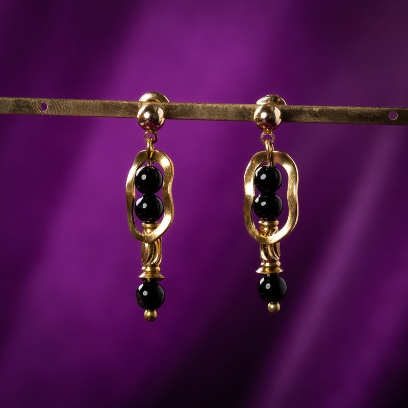 [Bronze Natural Stone Series Earrings]-[Night] Black Onyx Bronze Earrings - ต่างหู - ทองแดงทองเหลือง สีทอง