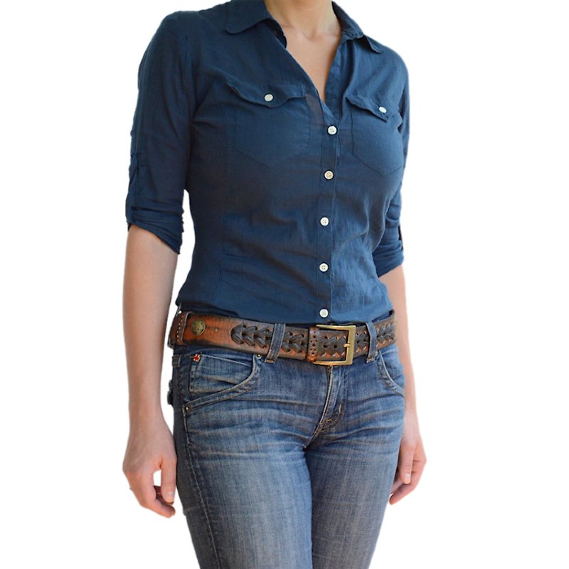 Women's leather belt in western style Low rise belt - 腰帶/皮帶 - 真皮 咖啡色