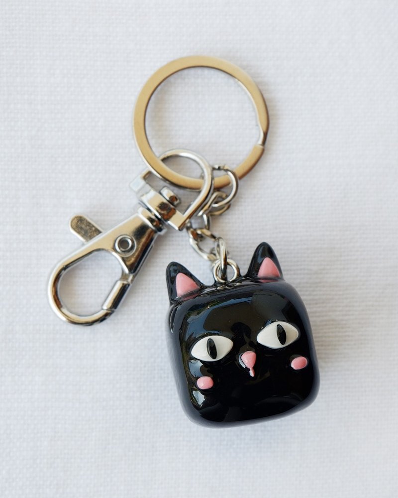 Pottery Keychains Black - Handmade Cube Polymer Clay Black Cat Keychain