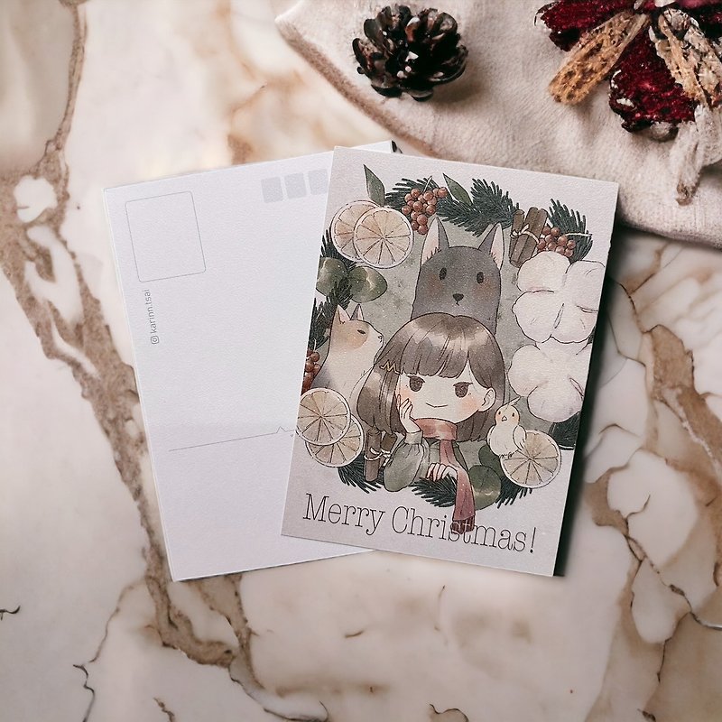 聖誕明信片 聖誕卡 節日印象系列 小桃與她的動物朋友 - 卡片/明信片 - 紙 白色