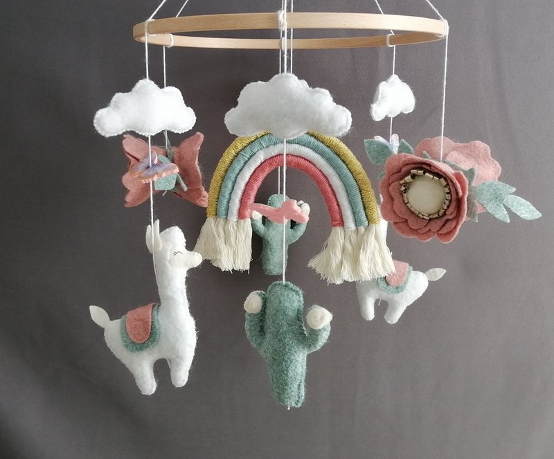 Llama Cactus Rainbow Baby Crib Mobile Girl Nursery Decor,Felt Gift Toy handmade - ของเล่นเด็ก - วัสดุอื่นๆ สึชมพู