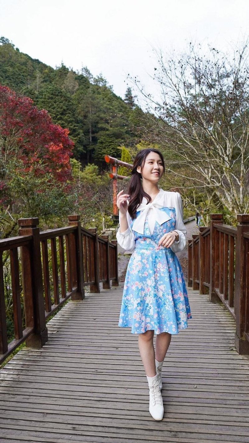 【波麗印花】大和公主 雪紡拼接長袖洋裝 需替換其他花色 - 洋裝/連身裙 - 棉．麻 藍色