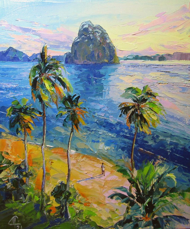 Polynesia Original Painting Palm Trees Original Art Beach Wall Art Palm Artwork - 插畫/繪畫/寫字 - 其他材質 綠色