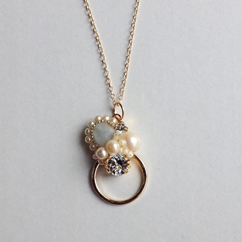 14kgf aquamarine and vintage pearl hoop collage bijou necklace [ii-501] - Necklaces - Gemstone Blue