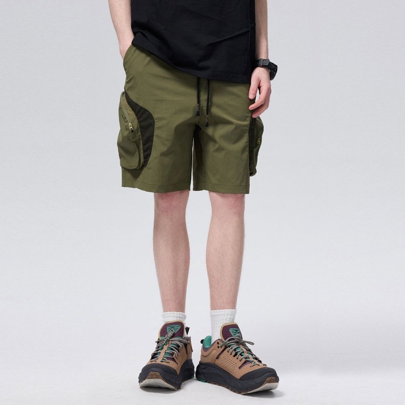 男士運動五分褲  機能多口袋工裝短褲 - 男短褲/工作短褲 - 棉．麻 綠色