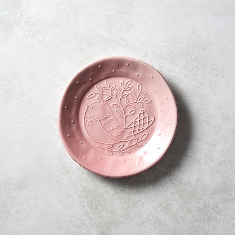 石丸波佐见烧 - Mori's song round bird dish - cherry powder - Small Plates & Saucers - Pottery Pink