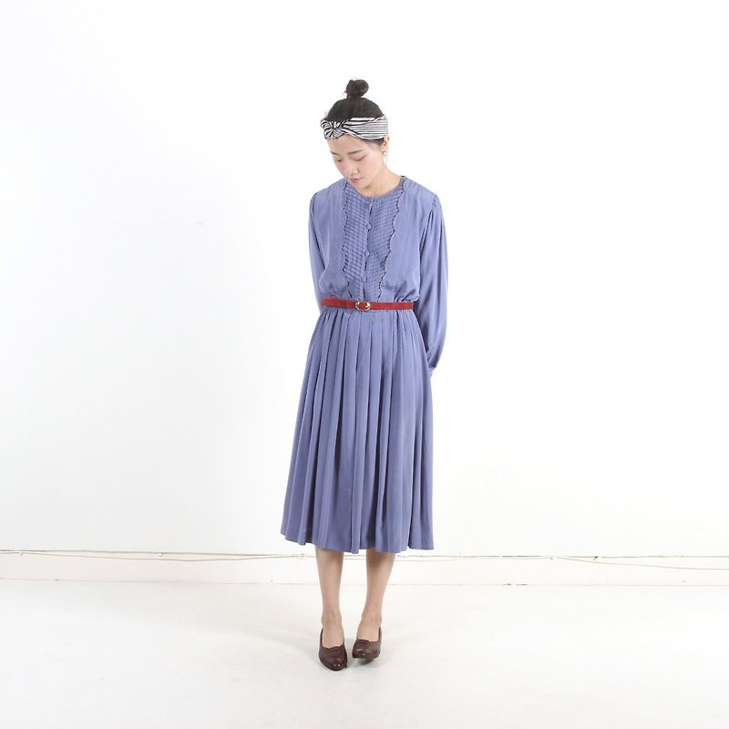 [An old egg plant] Crystal pleated vintage clothes in the rainy season - One Piece Dresses - Polyester Blue