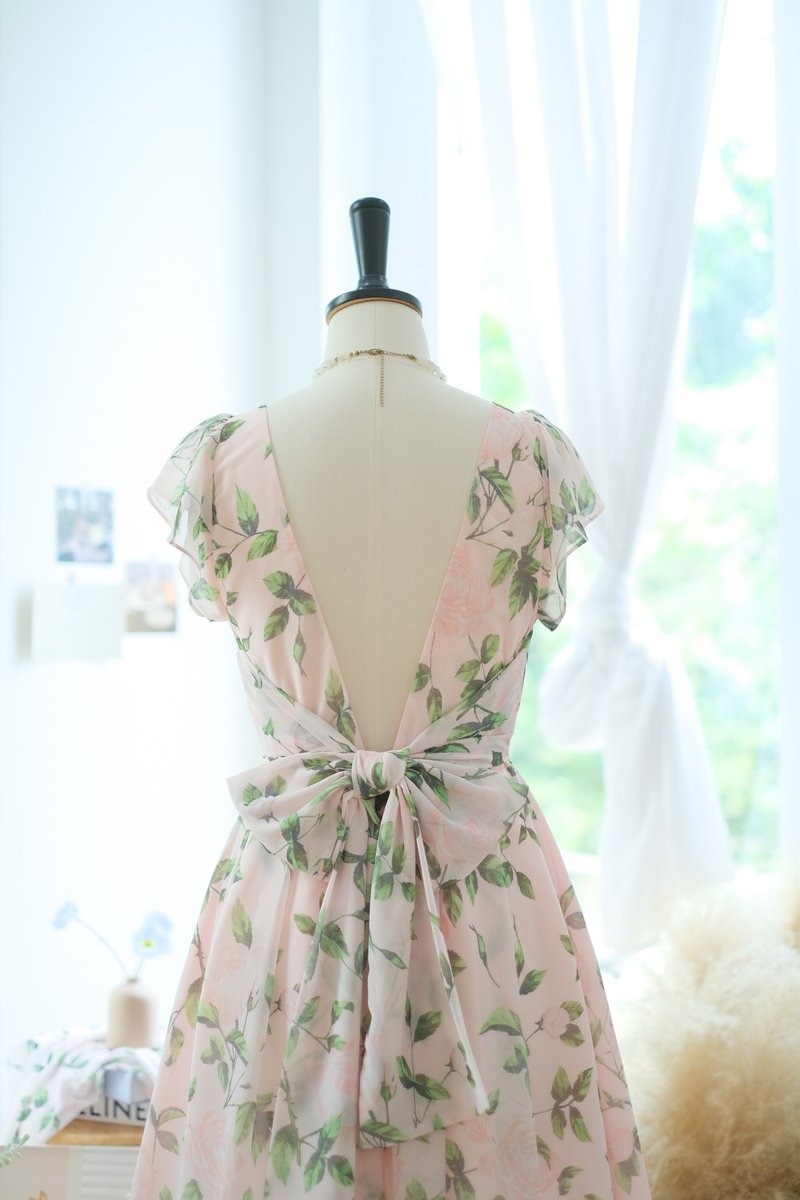 雪紡碎花連身裙 短裙 傘裙 - 洋裝/連身裙 - 聚酯纖維 粉紅色