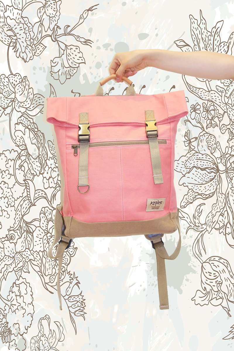 [Unflat Sail] Retro Double Buckle Backpack/Canvas- Peach(Made in Taiwan) - กระเป๋าเป้สะพายหลัง - ผ้าฝ้าย/ผ้าลินิน สีแดง