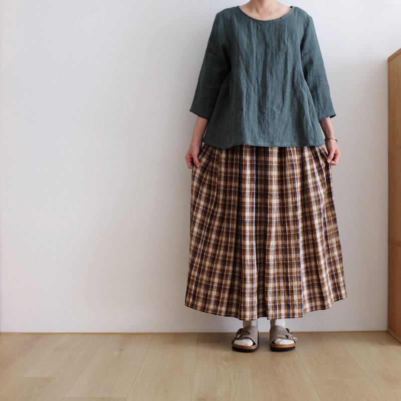 日常手作服 夏日童話 棕色系格紋抓皺長裙 亞麻 - 裙子/長裙 - 棉．麻 多色