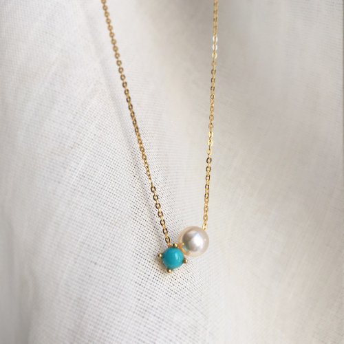 y-o K10/SV925 Turquoise Necklace, December Birthstone, Akoya Pearl Dainty Necklace