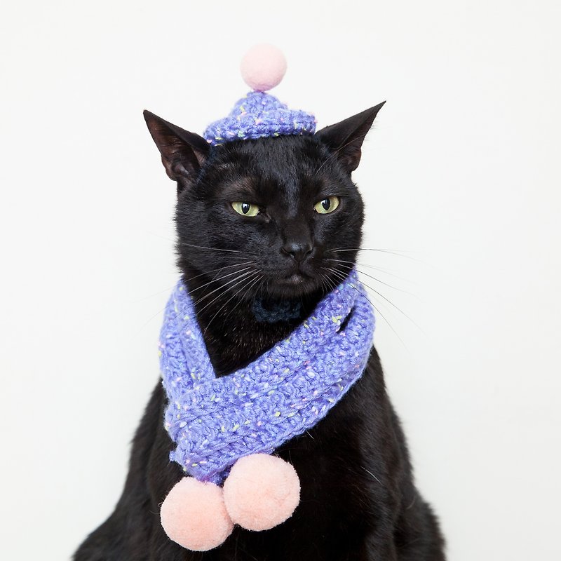 撒花球球喜洋洋毛帽 兩用暖暖圍巾-藍紫 - 寵物衣服 - 聚酯纖維 紫色