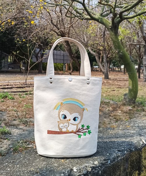 FUYI 福奕工房 貓頭鷹 刺繡 小提袋 胚布袋 手提袋