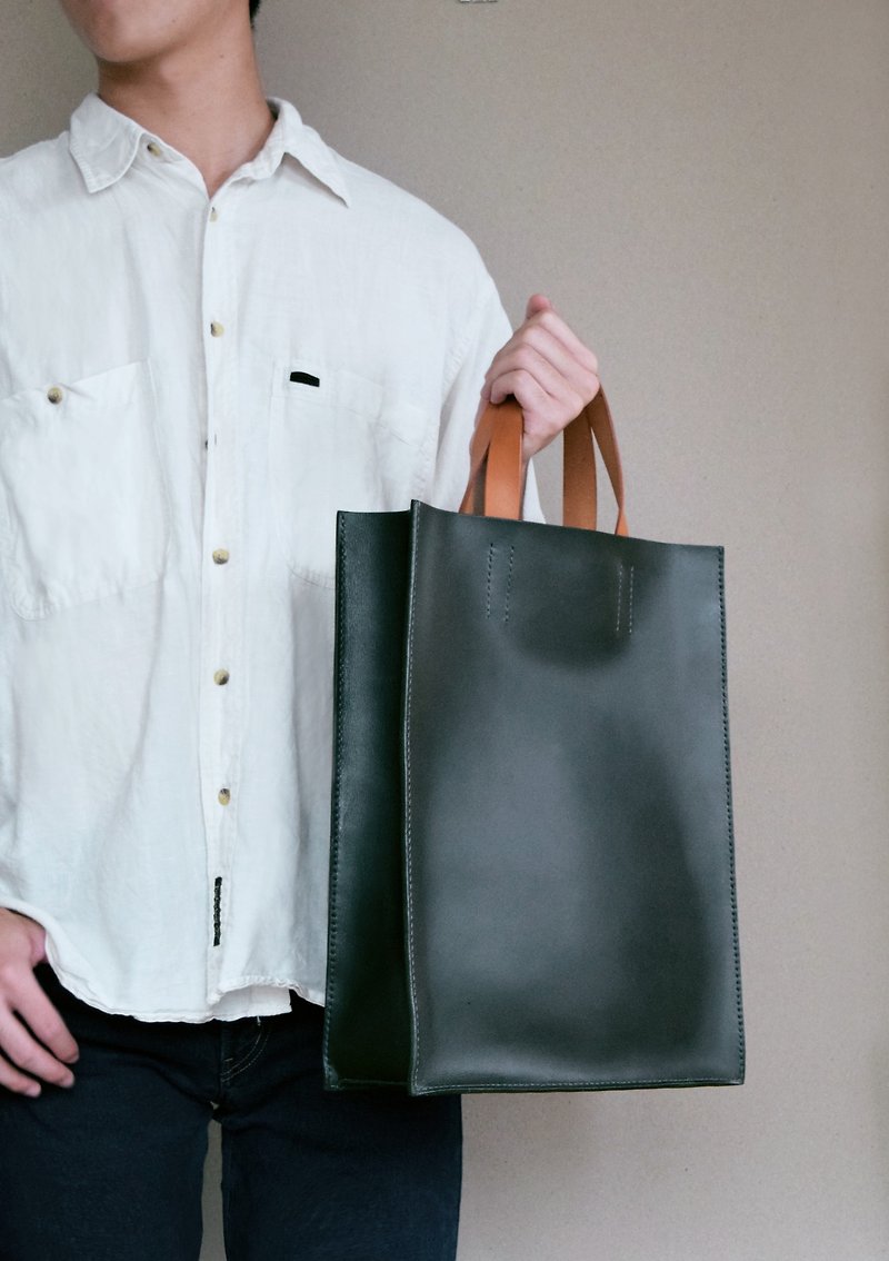 [Straight document tote bag] vegetable tanned leather / portable / work bag / dark green / - กระเป๋าถือ - หนังแท้ 