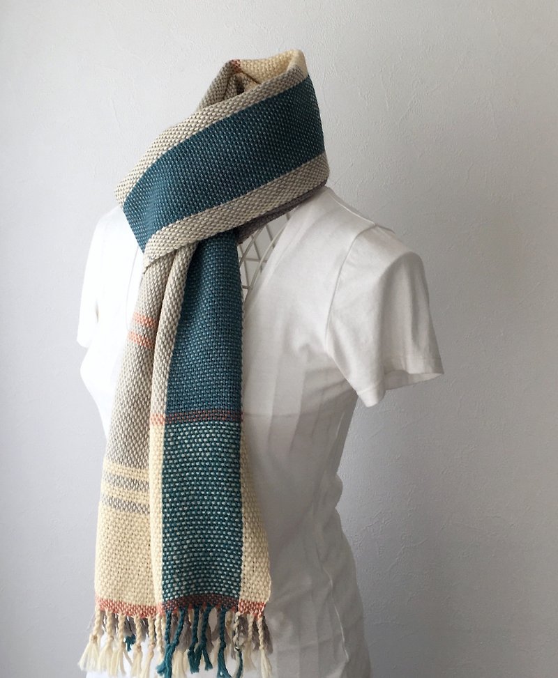[Wool and baby alpaca: Fall-Winter] unisex: hand-woven scarf "White & Green Mix" - ผ้าพันคอ - ขนแกะ สีเขียว