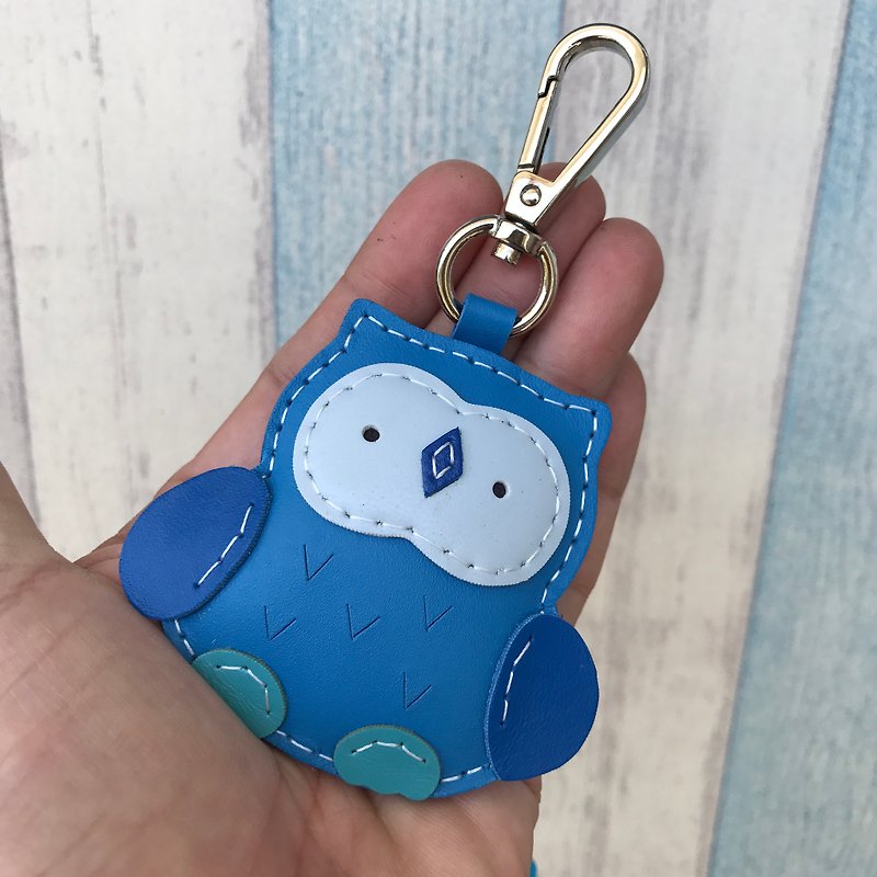 Healing small things blue cute owl hand-stitched leather keychain small size - ที่ห้อยกุญแจ - หนังแท้ สีน้ำเงิน