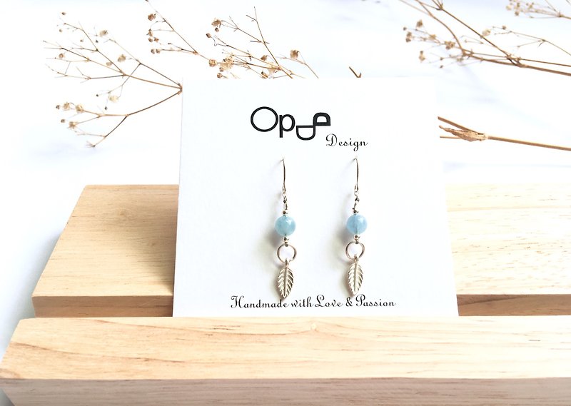 Ops Aquamarine feather light blue handmade unique silver earrings - Earrings & Clip-ons - Gemstone Blue