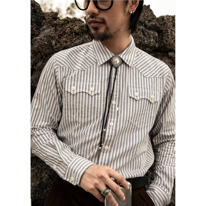 條紋長袖襯衫 復古 條紋 鉛筆紋 全埋夾工藝 西部 不分性別 shirt - 男襯衫/休閒襯衫 - 棉．麻 多色