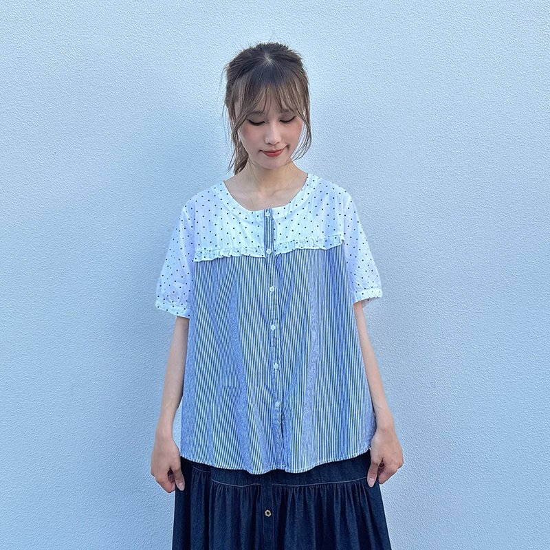Hana Mokuba 點點線條拼接襯衫 - 女上衣/長袖上衣 - 其他材質 