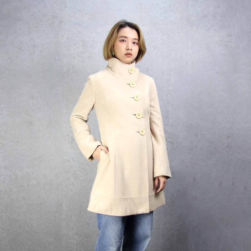 Tsubasa.Y Ancient House A16 vintage wool beige coat, wool long coat - Women's Casual & Functional Jackets - Wool White