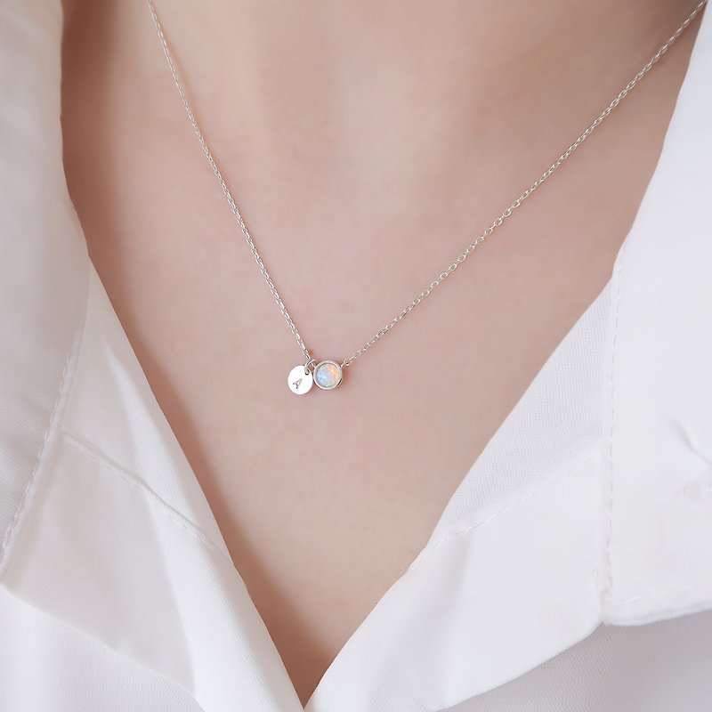 925 sterling silver mini opal customized engraving necklace clavicle chain short chain long chain free packaging - Necklaces - Sterling Silver White