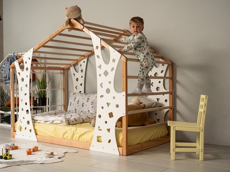 Floor Bed with Jungle Gym, Platform Bed, Montessori Bed, Toddler Bed, Monkey Bed - Other Furniture - Wood Multicolor