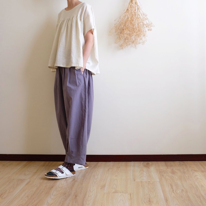 日常手作服 有趣的散散步 灰調薰衣草馬戲團褲 棉麻 - 女長褲 - 棉．麻 紫色