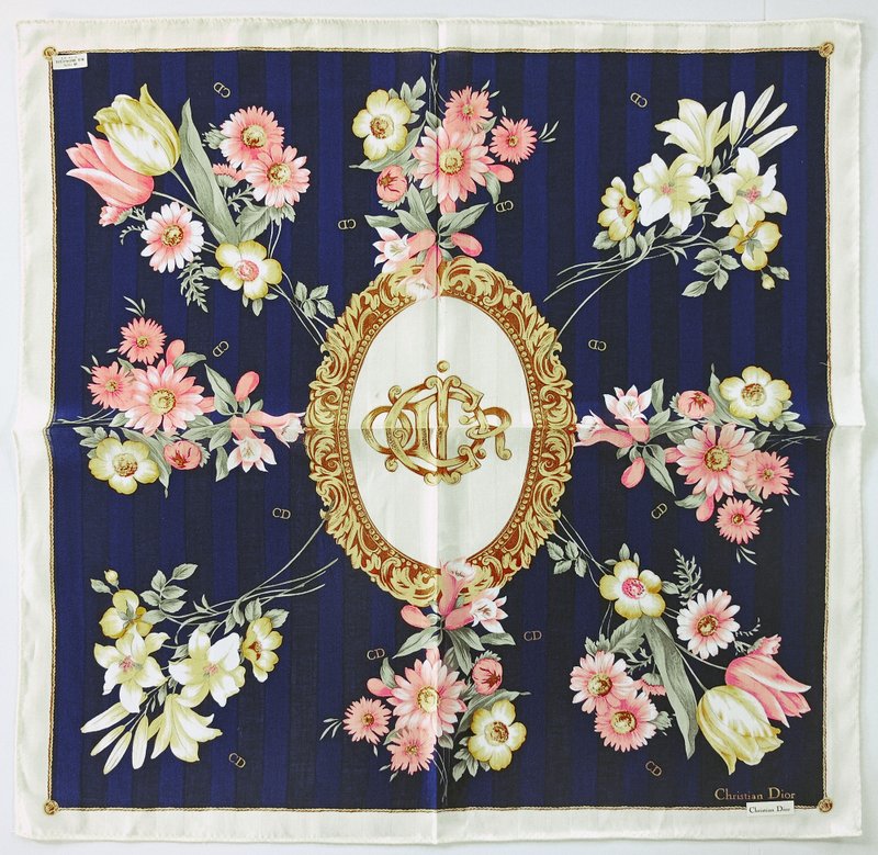 Christian Dior Vintage Handkerchief Floral Tulips Daisy Roses 19.5 x 19.5 克里斯汀迪奧 - ผ้าเช็ดหน้า - ผ้าฝ้าย/ผ้าลินิน สีน้ำเงิน